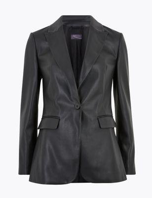 M&s Womens Faux Leather Tailored Blazer - 22 - Black, Black