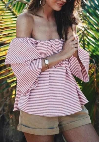 Red-white Striped Ruffle Boat Neck Off Shoulder Oversized Blouse