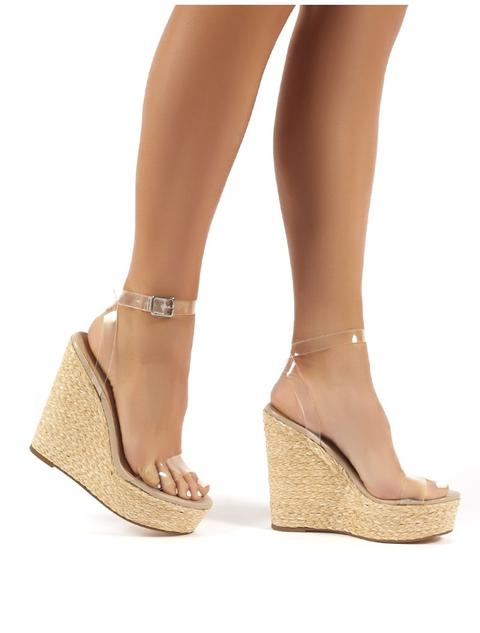 Jourdan Clear Perspex Strap Wedge Raffia Heeled Sandals