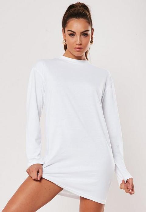 White Basic Long Sleeve T Shirt Dress, White