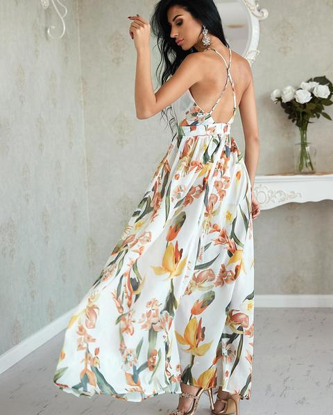 floral deep v neck backless maxi dress