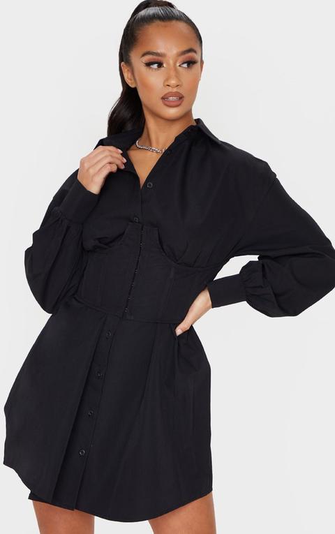 Petite - Robe Chemise Noire Effet Corset À Manches Longues, Noir