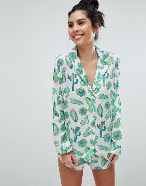 Asos Design Cactus 100% Modal Traditional Shirt & Short Pyjama Set - Multi