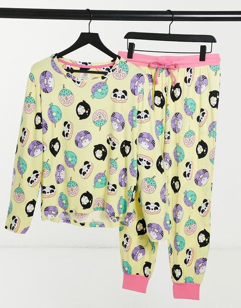 Conjunto De Pijama Larga Con Estampado De Donuts Animales De Chelsea Peers-amarillo