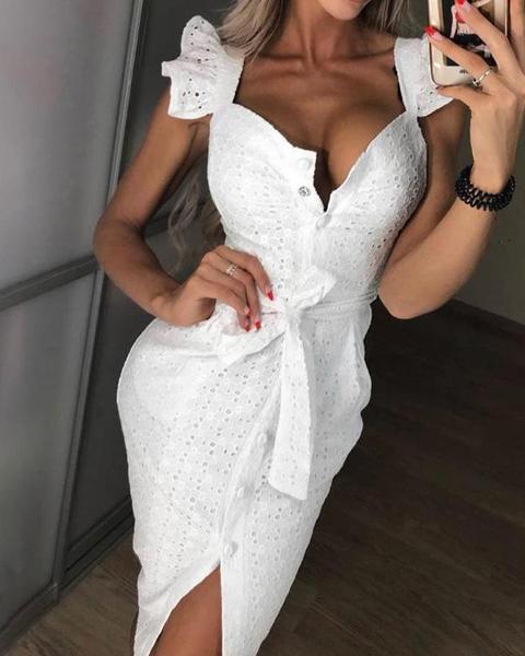 Hollow Out Ruffles Buttoned Dress