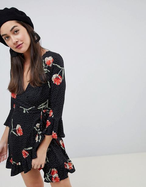 Influence Floral And Polka Dot Frill Wrap Dress-black