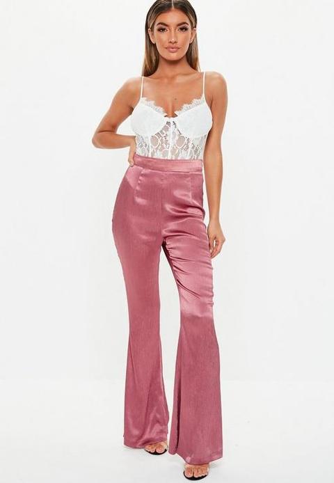 Rose Satin Pleated Flare Trousers, Rose Pink