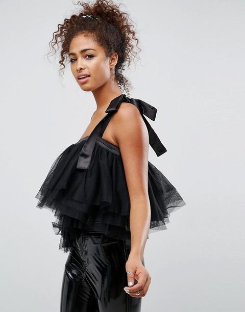 Asos - Top Monospalla In Tulle Con Fiocco - Nero