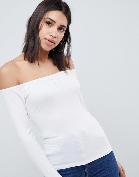 Asos Design Off Shoulder Bardot Top In Rib In White