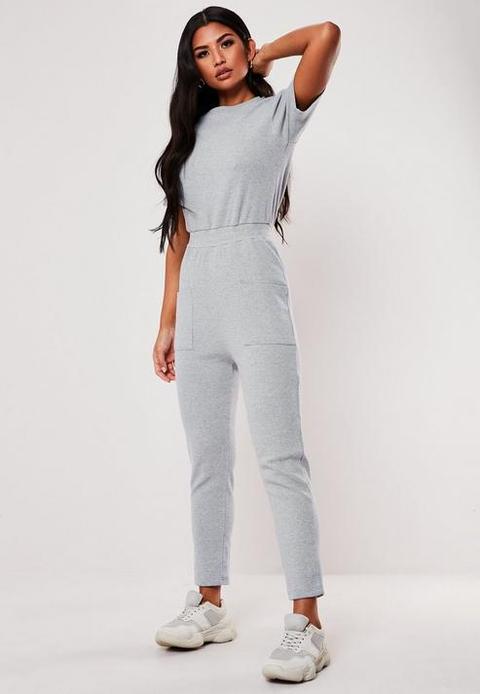 Light Grey Jersey Rib Pocket Front Jumpsuit, Grey