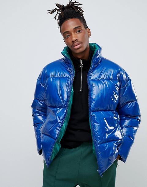 Asos Design Puffer Jacket In High Shine In Colbalt