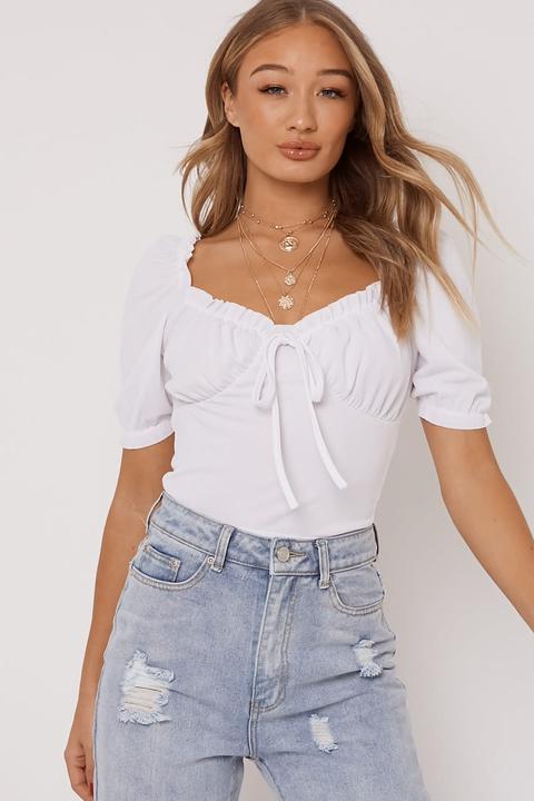 White Tops - White Puff Sleeve Tie Front Top