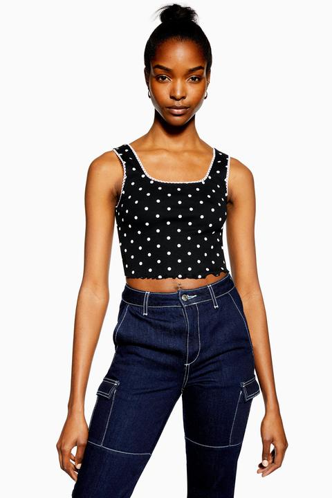 Womens Black Polka Dot Picot Vest - Black, Black
