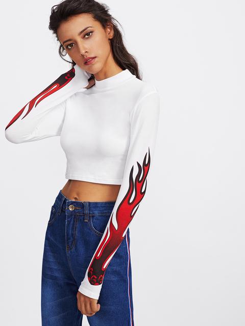 High Neck Flame Print Crop Tee