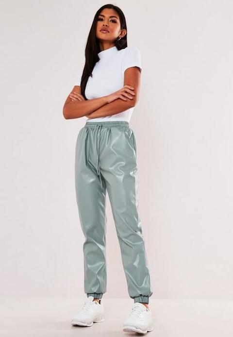 Petite Green Faux Leather Joggers 
