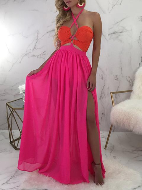 Sexy Halter Drawstring Thigh Split Maxi Dress
