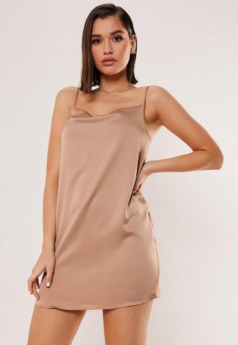 Mocha Satin Cowl Cami Mini Dress, Brown