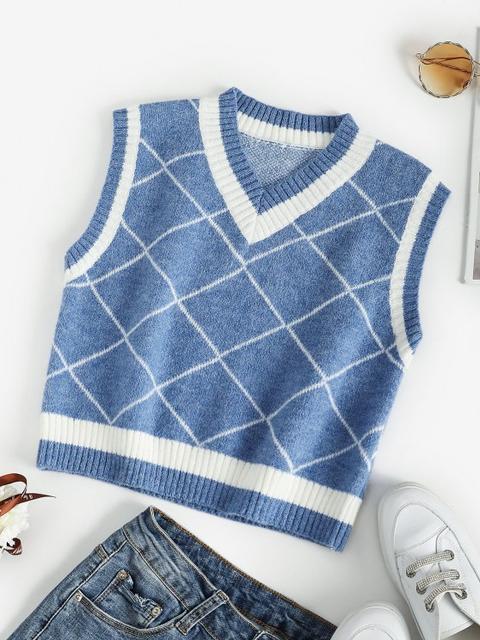 Rhombus V Neck Colorblock Sweater Vest Blue Light Coffee