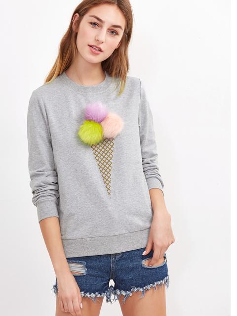 Sudadera Con Adorno De Helado Con Pompones Gris