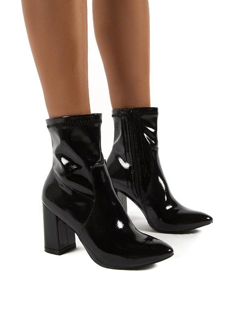 Raya Pointed Toe Ankle Boots In Black Patent