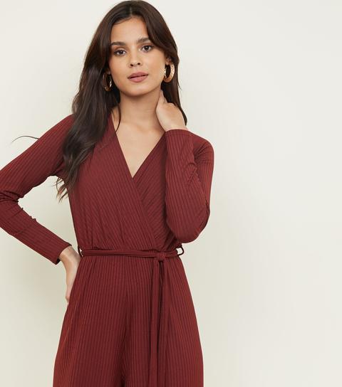 Burgundy Ribbed Long Sleeve Wrap Front Jumpsuit New Look