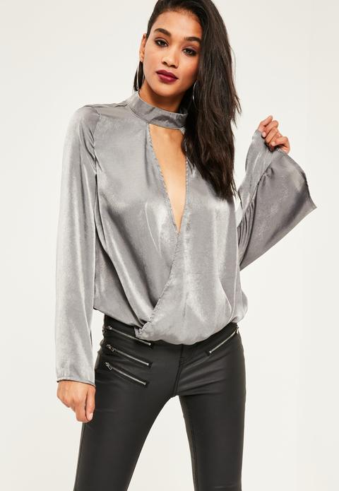 Grey Satin Choker Neck Split Front Wrap Blouse