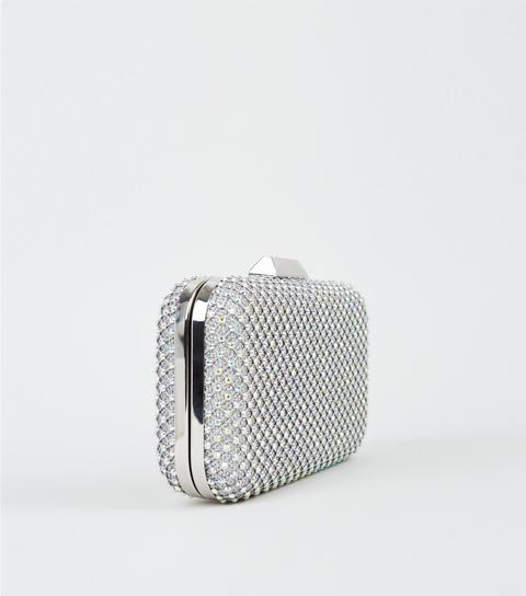 Silver Diamanté Clip Top Box Clutch New Look Vegan