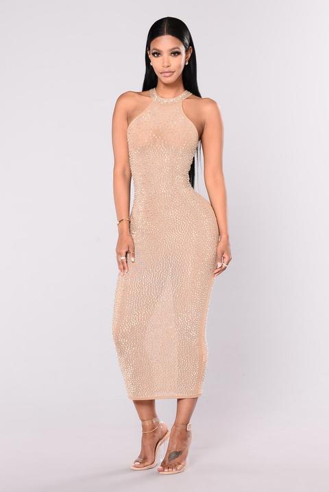 Glo Up Rhinestone Dress - Nude