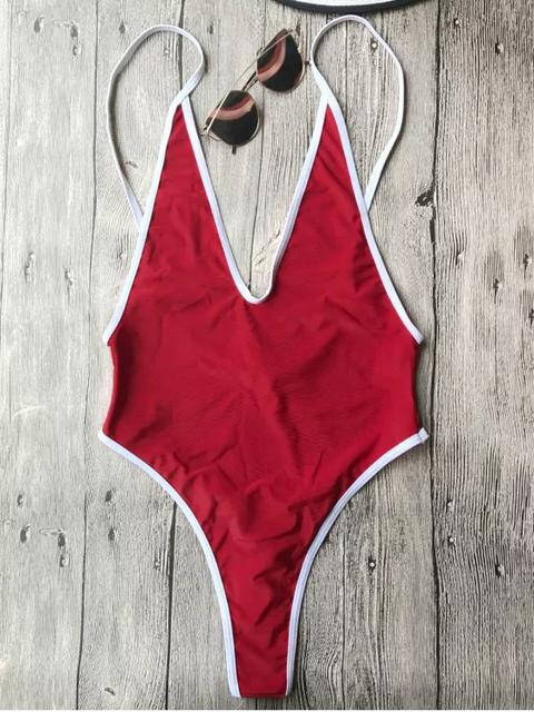 Contrast Piping High Cut One Piece Swimsuit