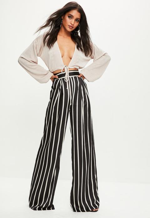 Black Petite Satin Stripe Wide Leg Trousers, Black