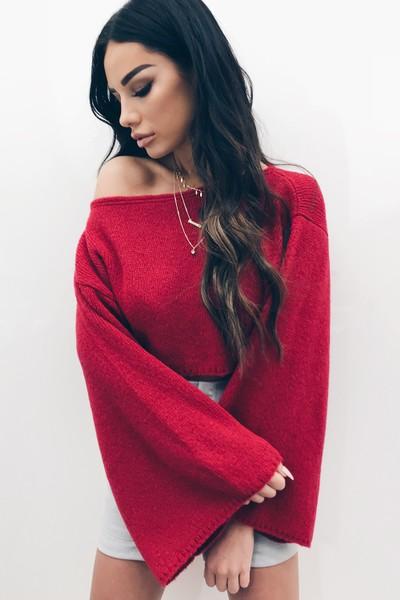 Morgan Red Knitted Cropped Flare Sleeve Jumper