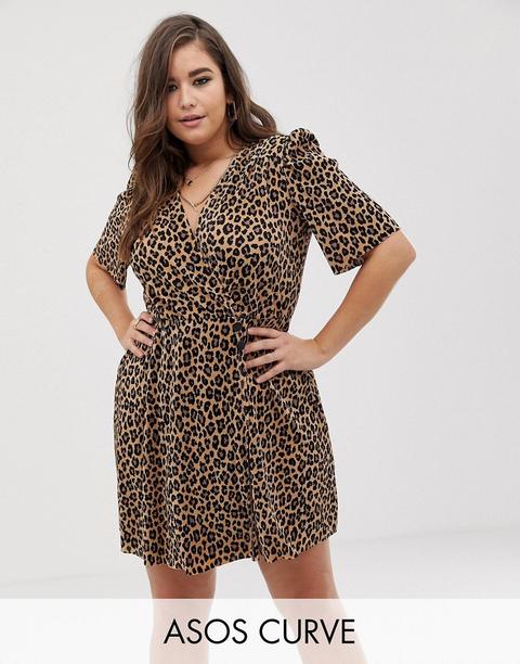 Asos Design Curve - Vestitino Leopardato Plissettato Con Bottoni - Multicolore