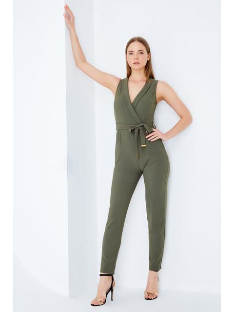 Khaki Wrap Collar Crepe Jumpsuit from 