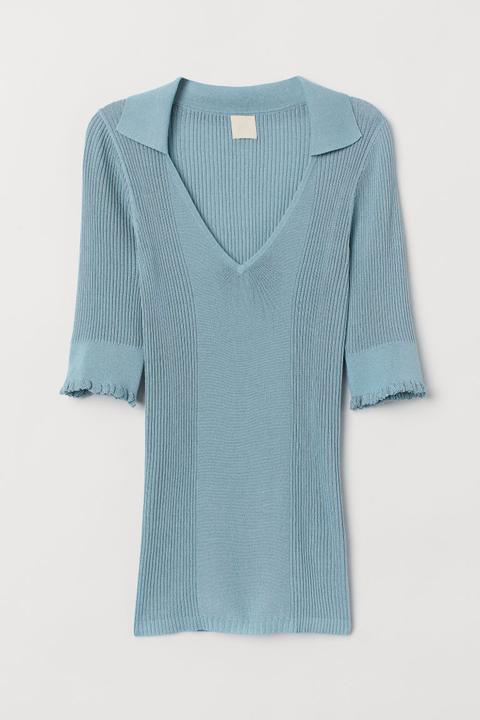 H & M - Top De Canalé Con Cuello - Turquesa