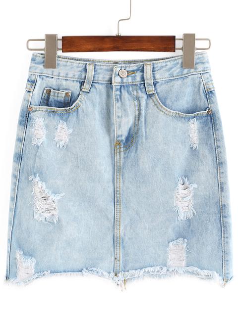 Falda Denim Bolsillos Color Sólido Azul Y Blanco