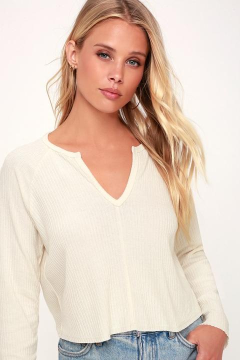 Lacefield Cream Notched Long Sleeve Sweater Top - Lulus