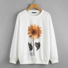 Pullover Con Estampado De Girasol Y Slogan De Hombros Caídos