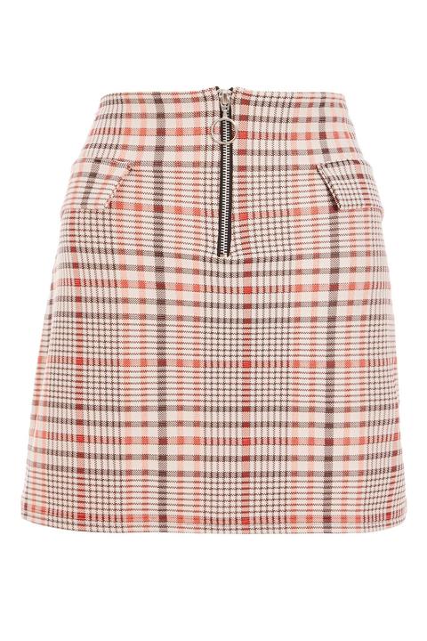 Rust And Grey Check Zip Front Mini Skirt