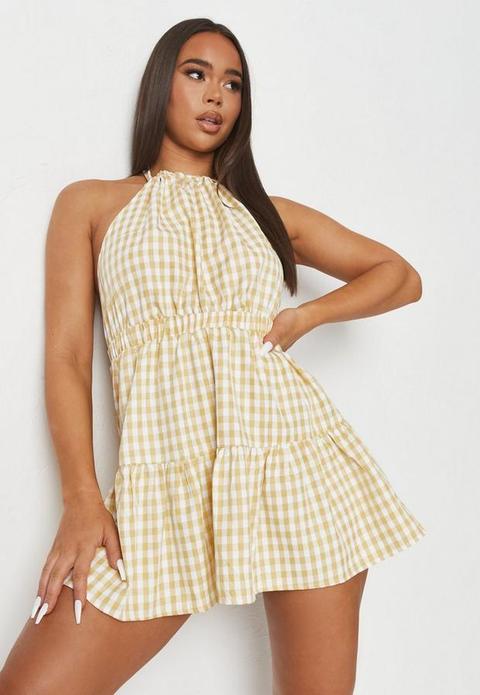 Yellow Gingham Print Tiered Tie Back Dress, Yellow