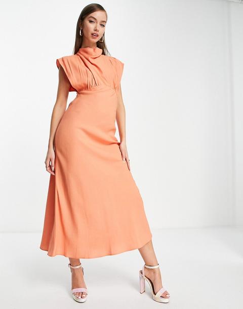 Vestido Midi Color Coral Con Cuello Alto De Lino De Asos Design-naranja