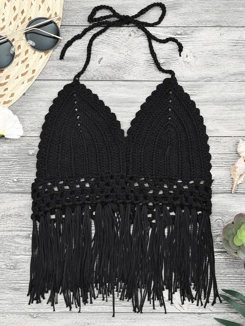 Bikini Top Corto All'uncinetto Con Nappe Black