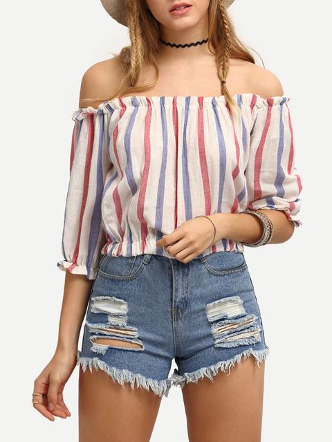 Blue & Red Striped Off-the-shoulder Blouse