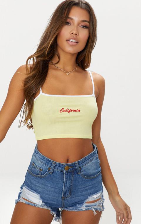 Yellow California Rib Slogan Crop Top