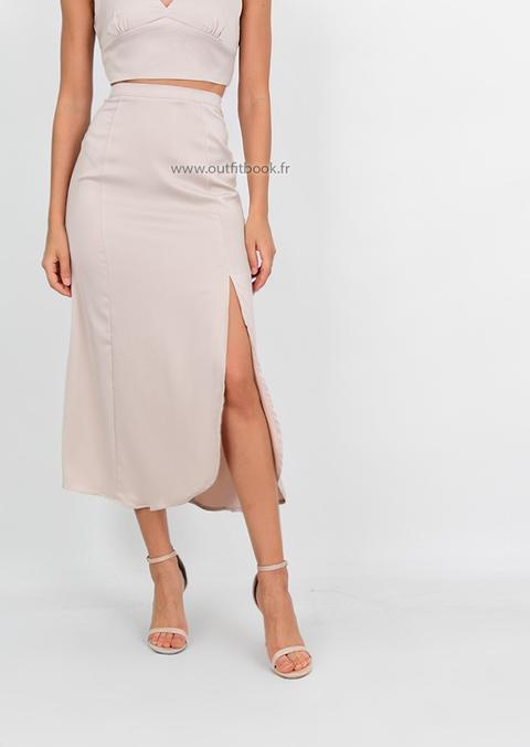 Satin Midi Skirt With Side Split In Beige