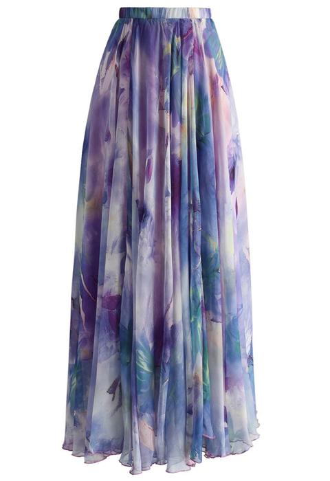 Dancing Watercolor Floral Maxi Skirt In Violet