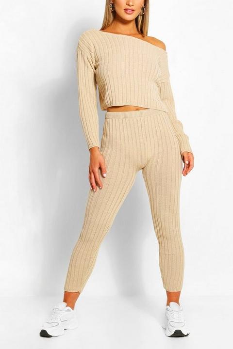 Womens Rib Knit Legging Lounge Set - Beige - M, Beige