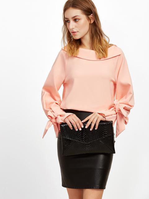 Blusa Con Cuello Barco Y Lazo En Manga Rosa