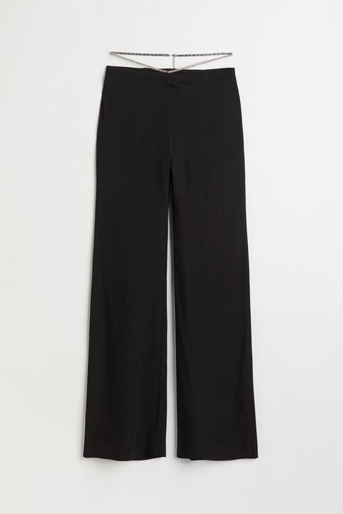 Pantalón Amplio Con Cadena De Strass - Negro