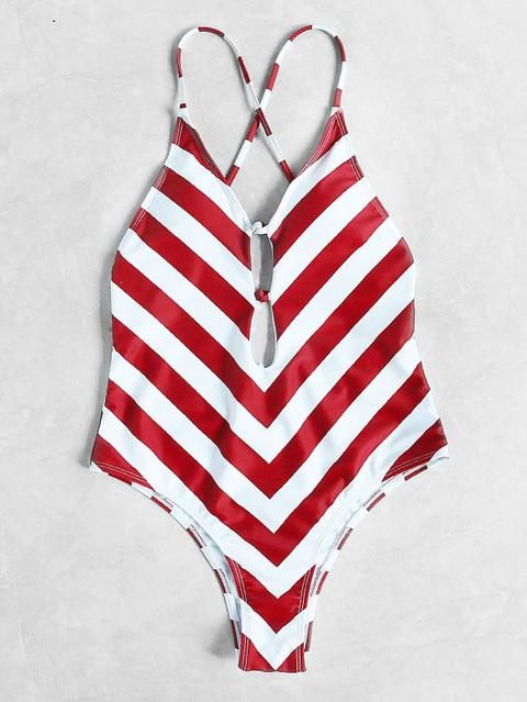 Bañador Con Estampado Chevron Con Cuello En V Profundo Con Tiras Cruzadas - Rojo Blanco