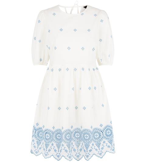 White Floral Embroidered Crochet Mini Smock Dress New Look